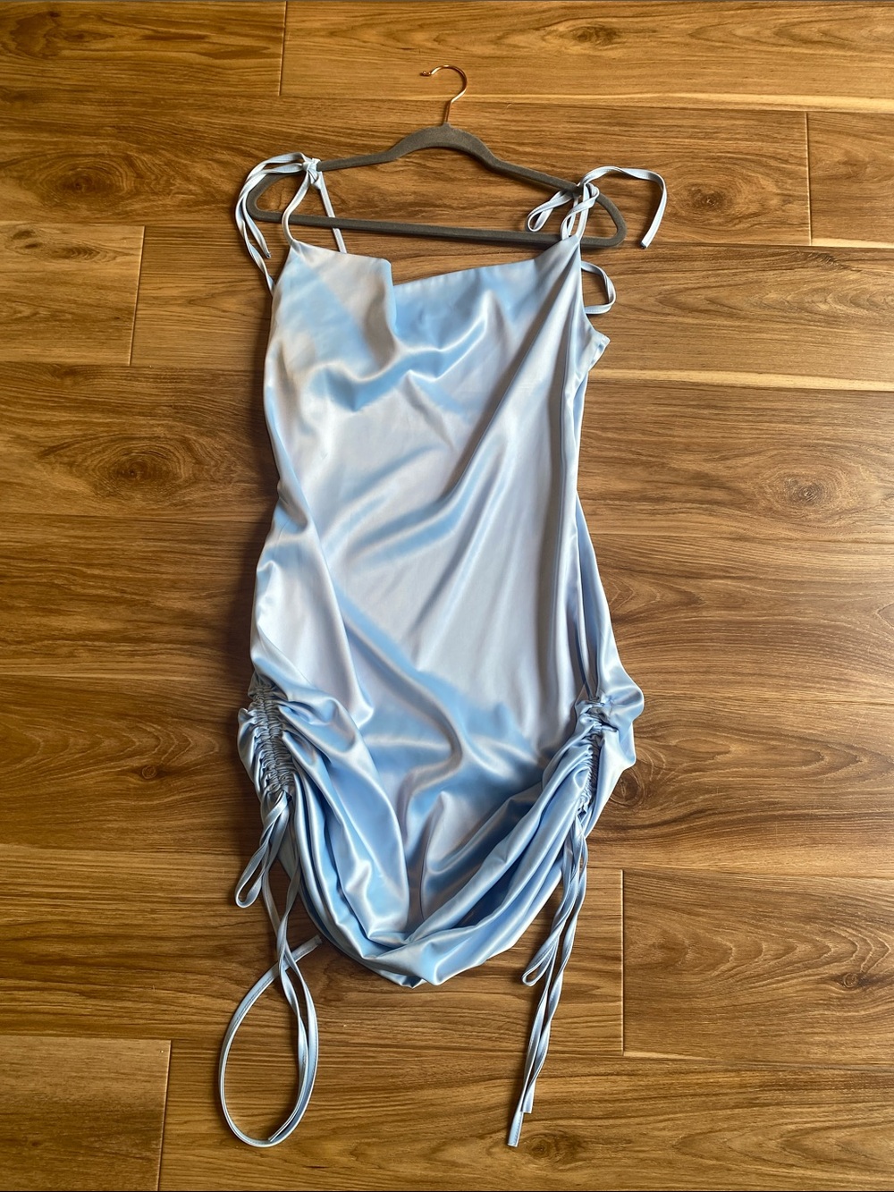 Satin Tie-Shoulder Ruched Mini Dress - Light Blue